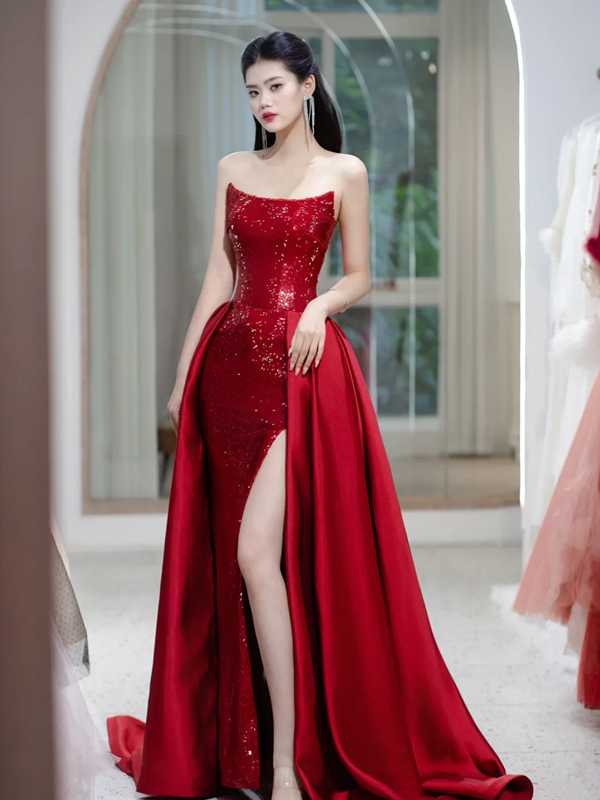 Red Strapless Sequined Waist Slim Fit Elegant Ball Gown Bridal Dress R5861