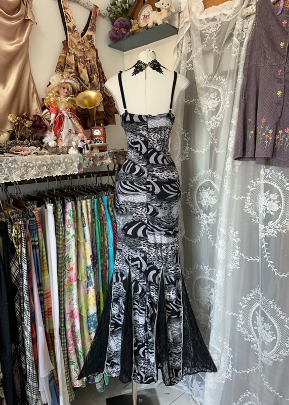 Black and white floral halter-neck fitted bodycon fishtail maxi dress, prom dress R6299