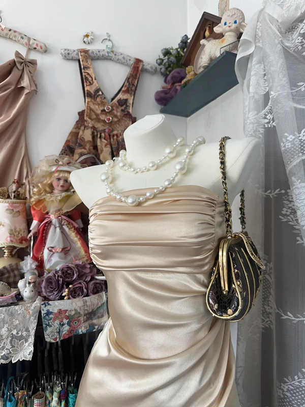 Champagne-colored strapless satin slim-waisted ruffled hem maxi ball gown R6180