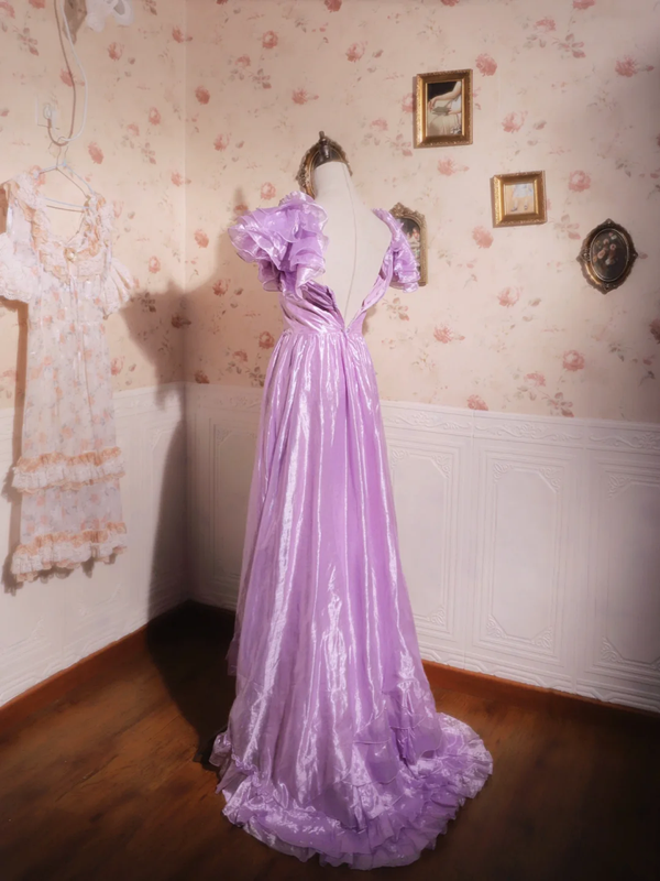 Purple square-neck fitted waist classic and elegant ball gown, bridal dress R7251