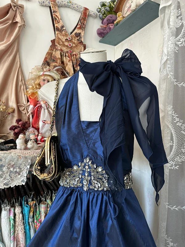 Blue satin open back slim elegant short dress, ball gown R6220