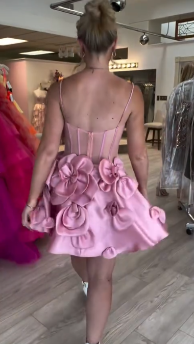 Pink suspender waist slim three-dimensional flower skirt homecoming dress R5468