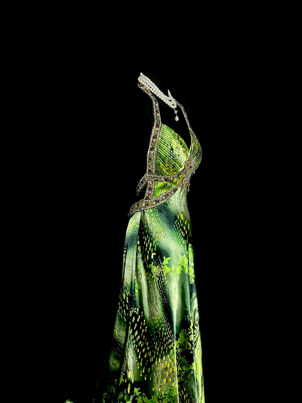 Green halter neck, fitted waist, revealing hips, sexy long ball gown R6659