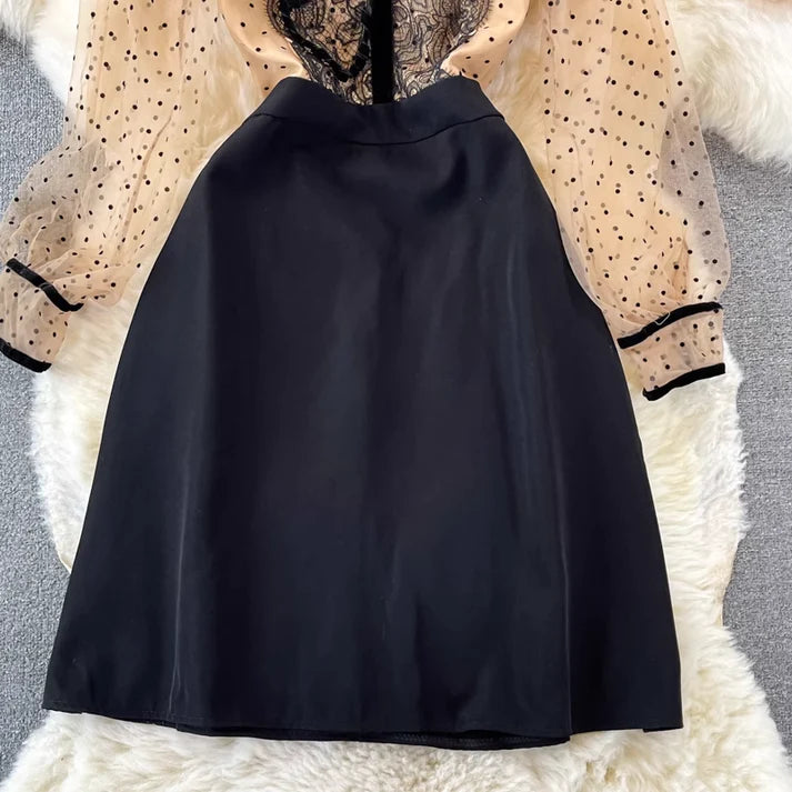 Autumn Bowknot Stand Collar Polka Dot Lace A Line Dress S4939