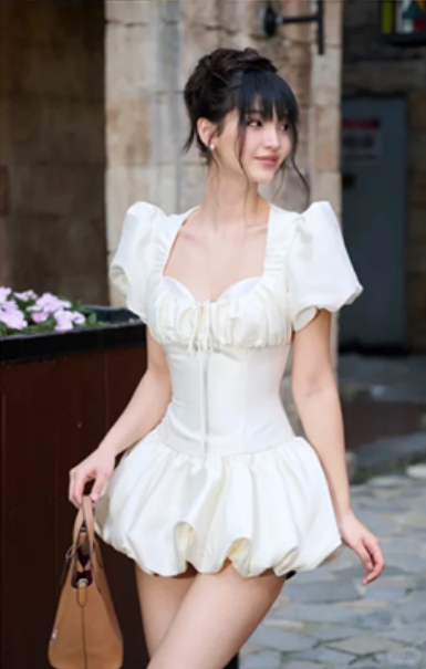 White puff sleeves, square neck, slim waist, bud skirt, short skirt for homecoming dress R4479