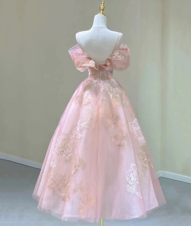 Romantic Pink Prom Gown , Floral Pattern Elegant Corset Maxi Evening Dress Ball Gown RS1457