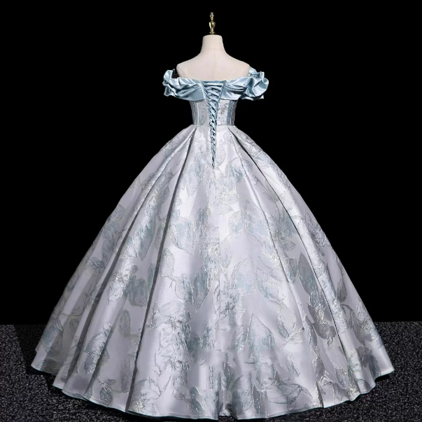 Elegant Sliver Prom Gown , Silky Satin Printed Pattern Corset Maxi Evening Dress Ball Gown RS1721