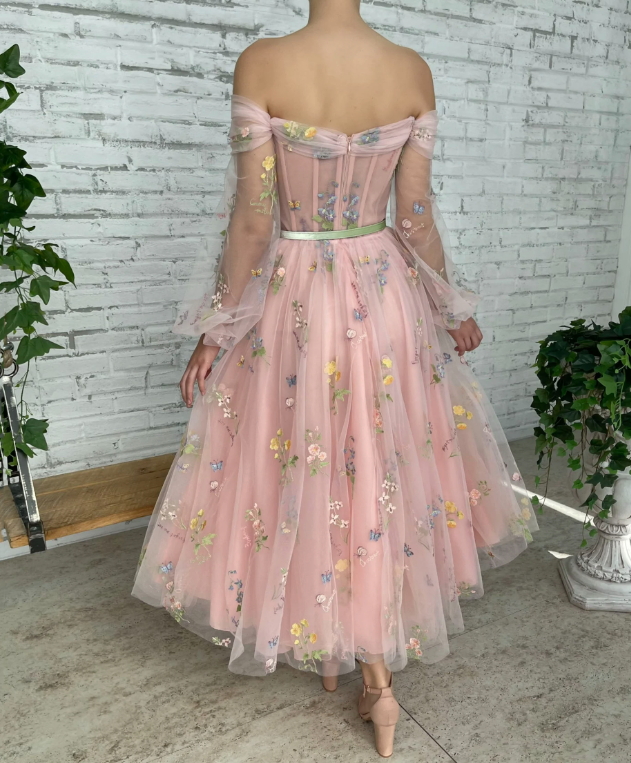 Sparkly Pink Prom Gown , Glitter Tulle Floral Corset Midi Birthday Dress RS1726