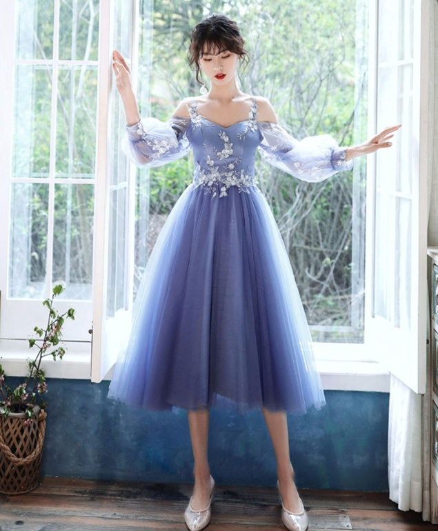 Sparkly Blue Prom Gown , Tulle Elegant Floral Corset Midi Birthday Dress RS1727