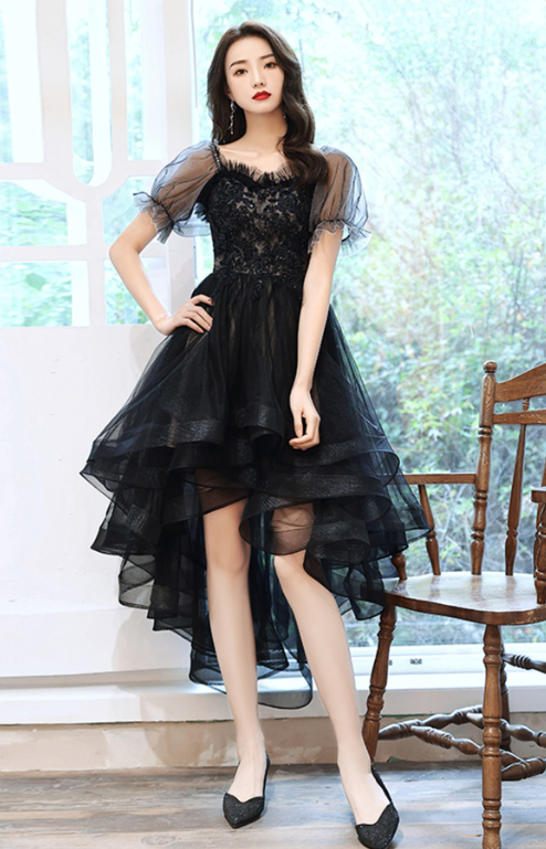 Hazy Black Prom Gown , Tulle Flowy Pleated Corset Hi-Lo Evening Dress RS1730