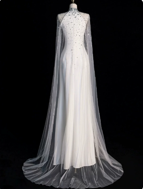 Elegant White Sheath Halter Long Wedding Dress with Tulle Train and Beading around the Neck RS146