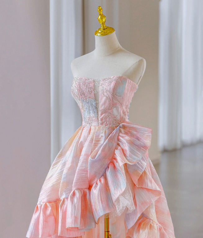 Stunning Pink Prom Gown , Floral Hazy Pleated Corset Hi-Lo Evening Dress Birthday Dress RS1734