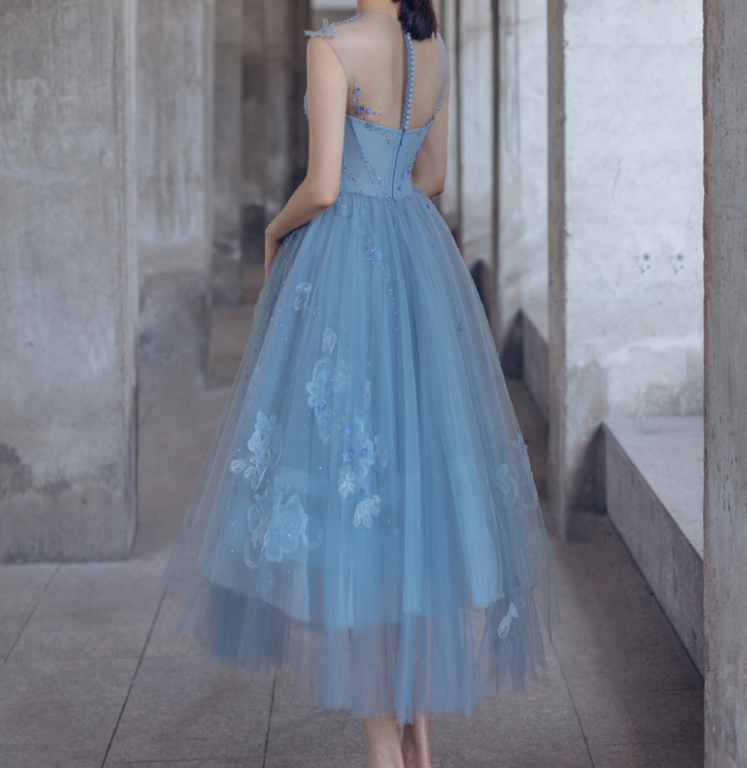 Stunning Baby Blue Prom Gown , Tulle Applique Hazy Corset Maxi Evening Dress RS1735
