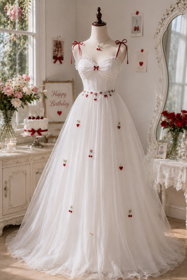 Stunnning White A-Line Spaghetti Straps Tulle Cherry Decor Corset Maxi Wedding Dress RS1741