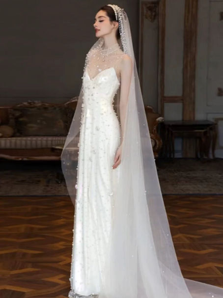 Elegant White Sheath Spaghetti Straps Long Wedding Dress with Beaded RS148