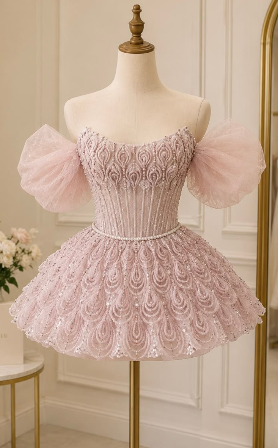 Charming Blush Pink Homecoming Dress , Beaded High End Corset Short Prom Dress Birthday Dress RS1747