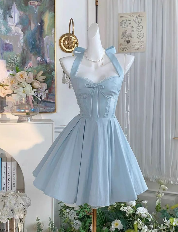 Minimalist Blue Homecoming Dress , Halter Lace Trim Corset Short Prom Dress RS1758