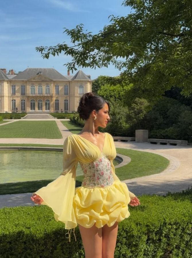 Vibrant Yellow Homecoming Dress , Floral Chiffon Pleated Corset Short Prom Dress RS1762