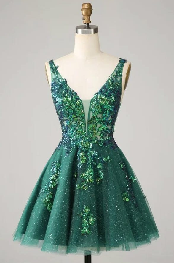 Sequins Embroidered Homecoming Dress , Glitter Green Corset Short Prom Dress RS1775