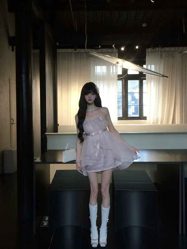 Pink tube top waist slim irregular tulle skirt homecoming dress R5087