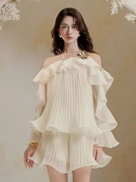 Apricot ruffled one-shoulder loose straight temperament top and shorts suit homecoming dress R4763