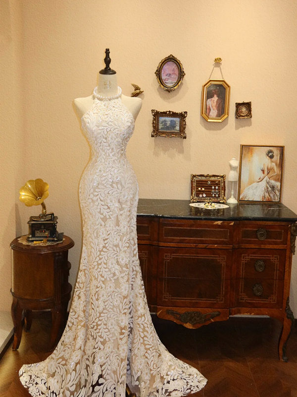 White halter-neck lace fitted waist bodycon long wedding dress R6580