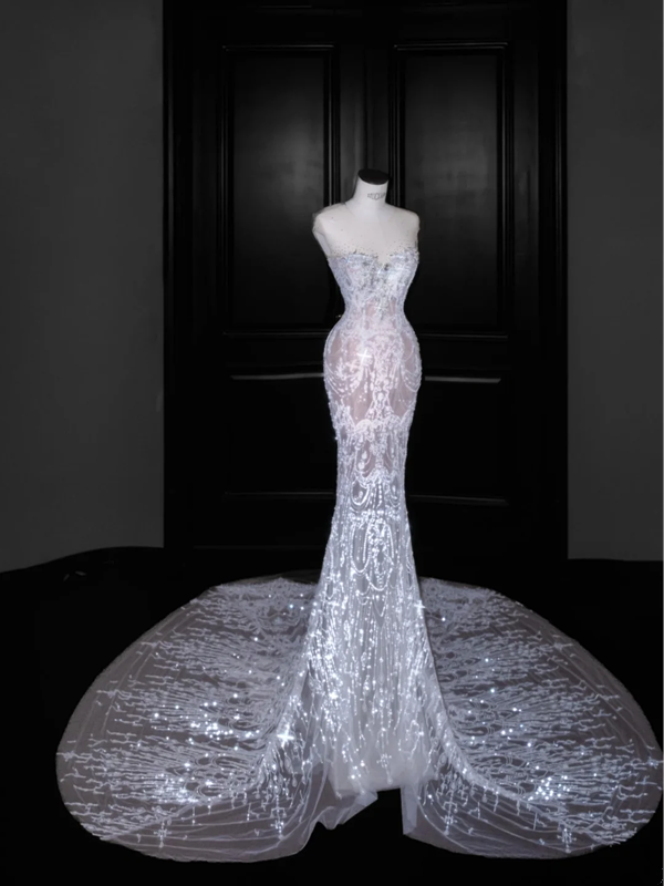 White sequined tube top pattern waist slim hip long skirt, prom dress R5629