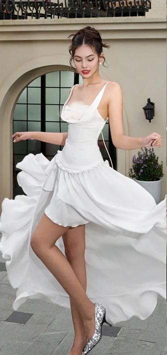 White suspenders, slim waist, irregular skirt, flowing skirt, homecoming dress R4438