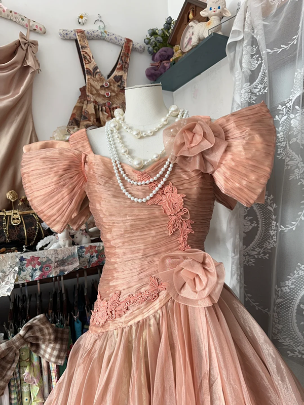 Orange puff-sleeved, fitted, pleated, asymmetrical hem long dress, ball gown R6300