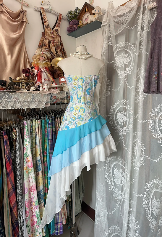 Blue floral print strapless fitted mini dress, ball gown R6260