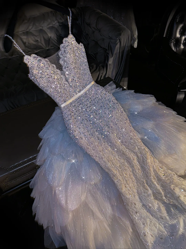 Light blue sequined halter-neck fitted long ball gown/bridal dress R8806