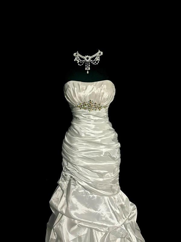 White strapless, fitted waist, pleated, full skirt, long ball gown R6660