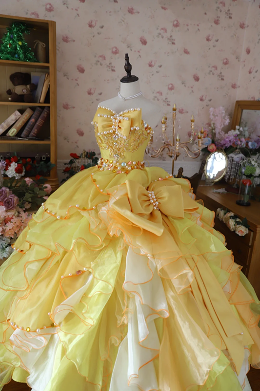 Yellow retro strapless waist-cinching elegant ball gown/bridal dress R7252