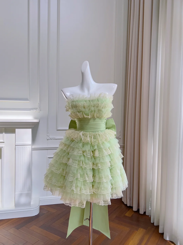 Light green tube top waist cake skirt homecoming dress R5190