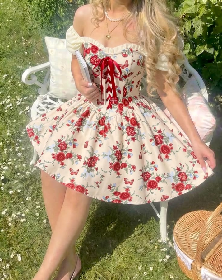 Chiffon Flowy Corset Homecoming Dress , Vibrant Floral Mini Summer Dress RS1802