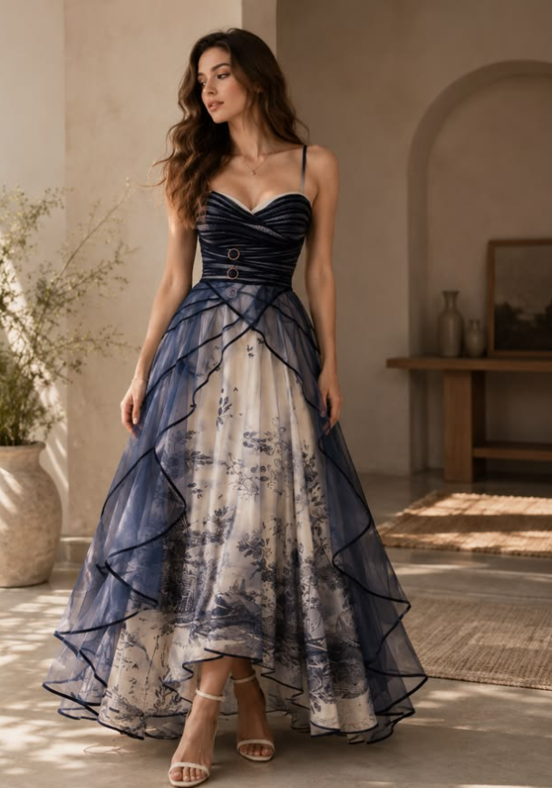 Hazy Tulle Printed Pattern Corset Prom Gown , French Chic Navy Maxi Evening Dress Ball Gown RS1809