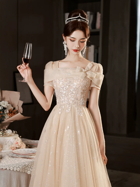 Sequins Glitter Corset Prom Gown , Stunning Champagne Maxi Evening Dress Ball Gown RS1821