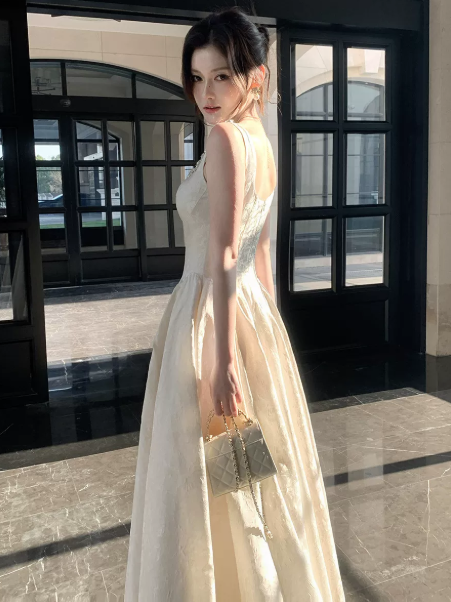Embroidered Flowy Corset Prom Gown , Gentle White Maxi Evening Dress Ball Gown RS1824