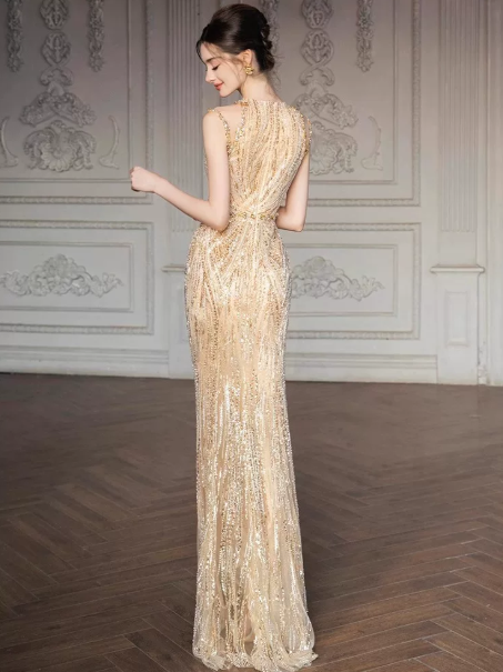 Tulle Glitter Bodycon Prom Gown , Elegant Golden Maxi Evening Dress Ball Gown RS1826