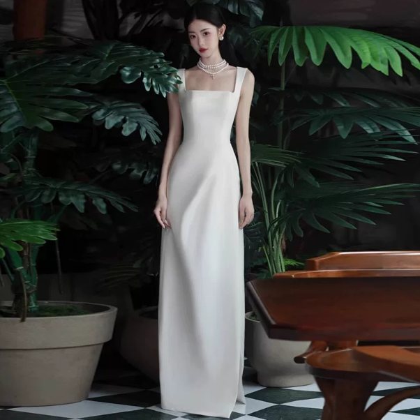 Satin Minimalist Corset Prom Gown , Elegant White Maxi Evening Dress Ball Gown RS1830