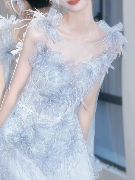 Feather Decor Tulle Corset Prom Gown , Charming Pale Blue Maxi Evening Dress Ball Gown RS1833