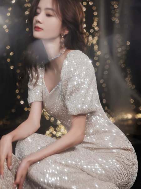Sequins Glitter Bodycon Prom Gown , Stunning Sliver Maxi Evening Dress Ball Gown RS1835