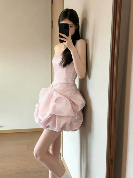 Puffy Satin Pleated Corset Homecoming Dress , Sweet Pink Mini Birthday Dress RS1862