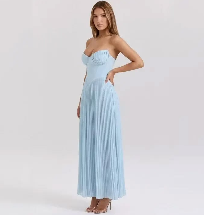Striped Chiifon Corset Prom Gown , Resort Pale Blue Maxi Summer Dress RS1860