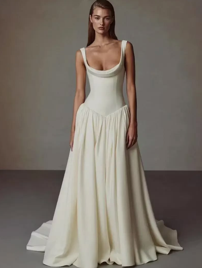 Silky Satin Corset Prom Gown , Mimimalist Ivory Maxi Summer Dress RS1861