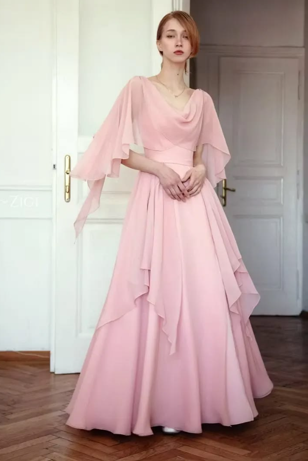 Flowy Chiffon Corset Prom Gown , Gentle Pink Maxi Summer Dress Evening Dress RS1869