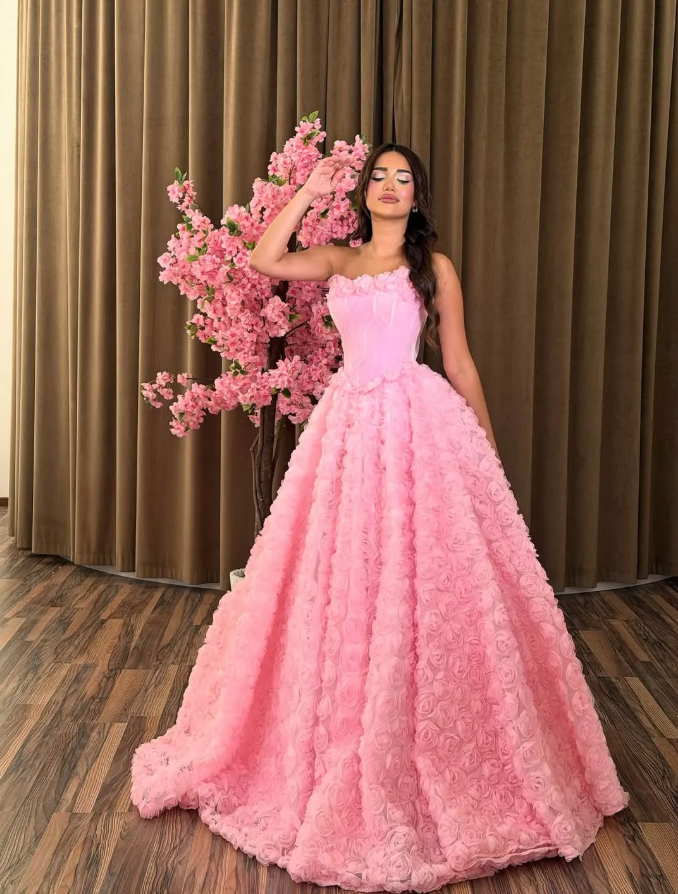 Puffy Floral Decor Corset Prom Gown , Dreamy Pink Maxi Birthday Dress Ball Gown RS1873
