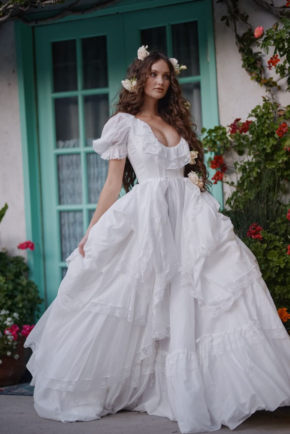 Stunnning White A-Line Portrait Puffy Corset Maxi Wedding Dress RS1895