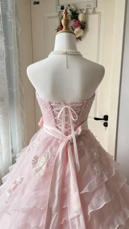 Princess Embroidered Tulle Corset Prom Gown , Sweet Pink Maxi Birthday Dress Ball Gown RS1884