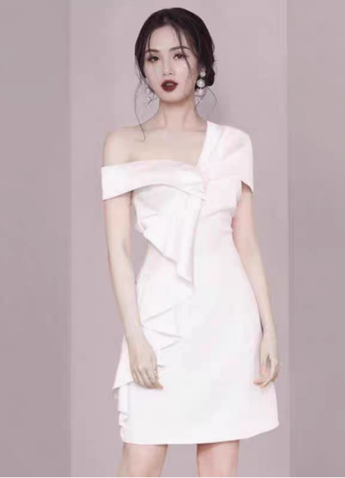 French white satin one shoulder design fashionable banquet dress homecoming dress R2982